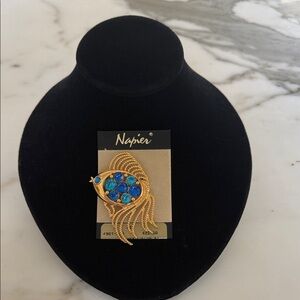 1990 Napier Gold Tone Fish Brooch with Blue Accents